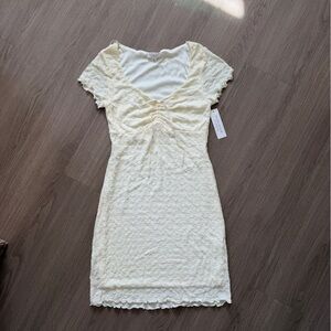 Mini Lace Ruched V-Neck Dress in Pale Yellow